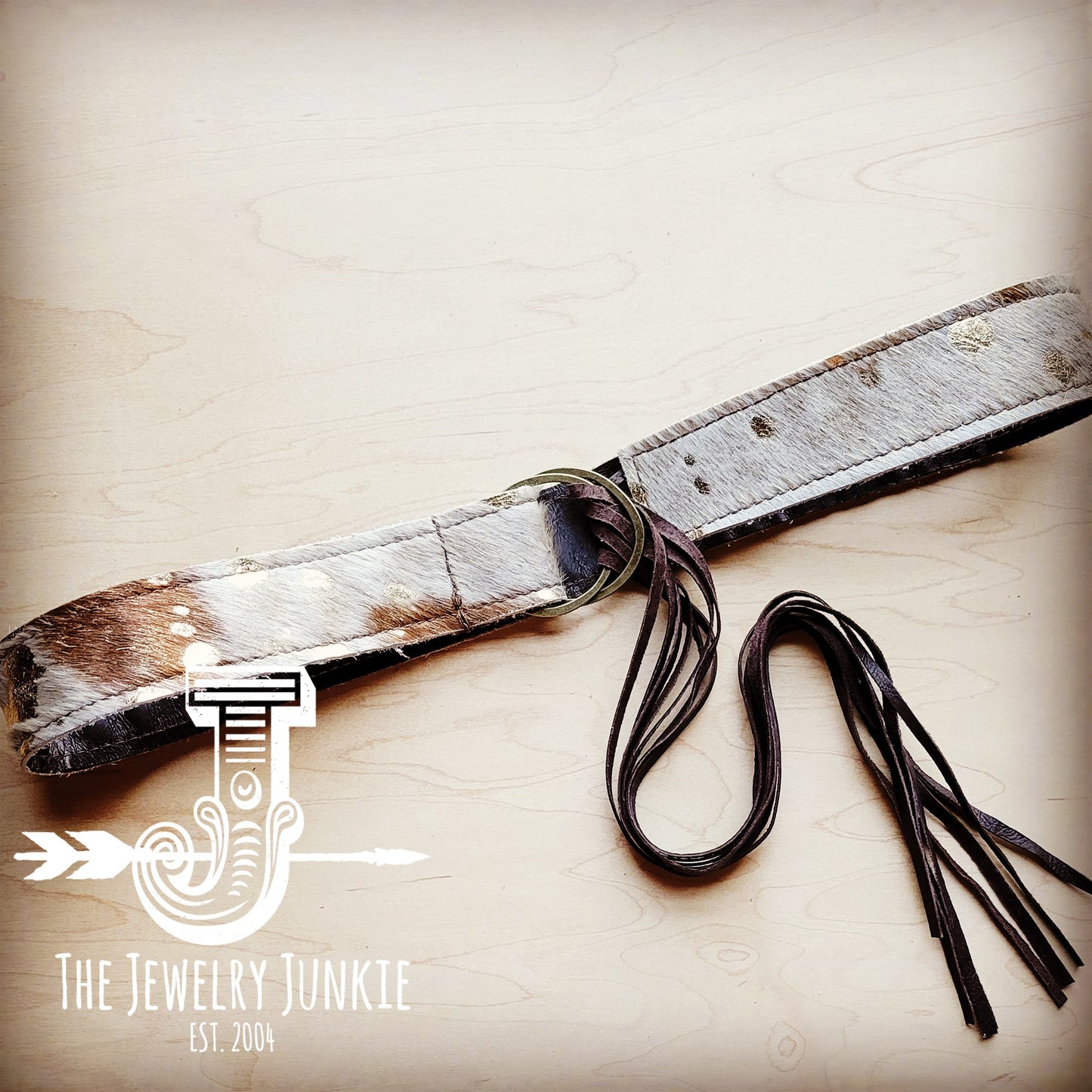 Mixed Metallic Hide Leather Belt with Leather Fringe Closure 905g-1
