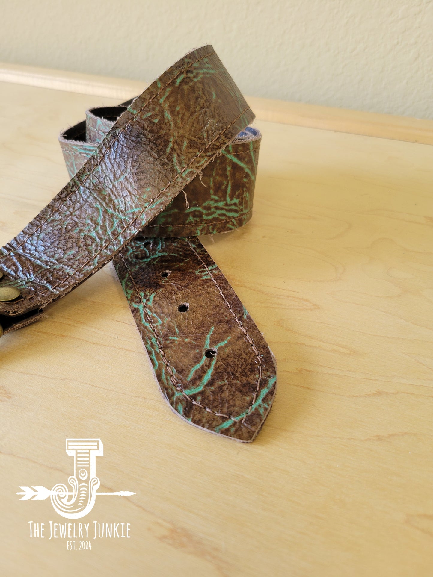 Turquoise & Brown Embossed Leather Belt w/ Fringe 907e-4