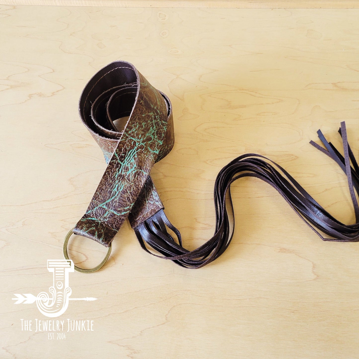 Turquoise & Brown Embossed Leather Belt w/ Fringe 907e-1