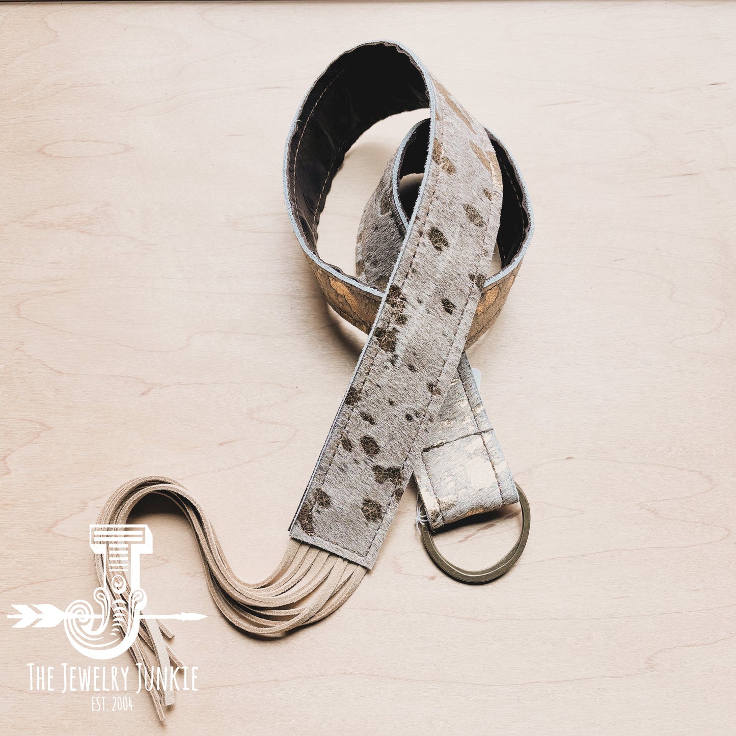 Cream Metallic Hide Leather Belt with Leather Fringe Closure 905pp-0