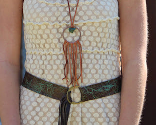 Turquoise & Brown Embossed Leather Belt w/ Fringe 907e-2