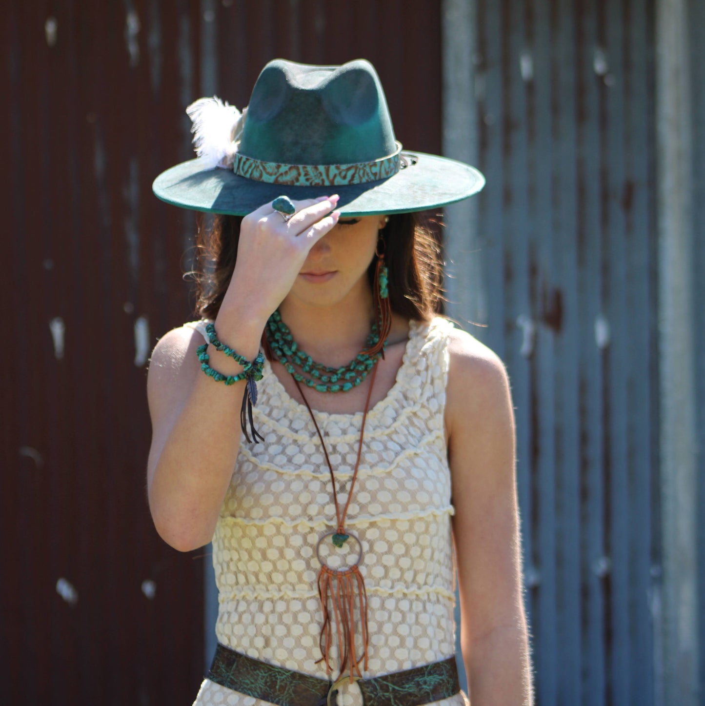 Turquoise & Brown Embossed Leather Belt w/ Fringe 907e-3