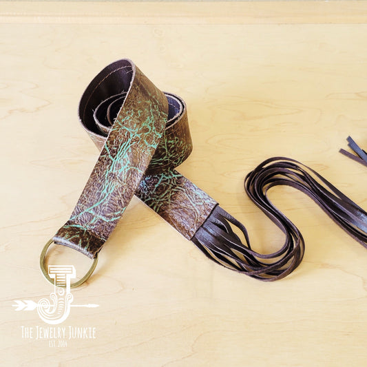 Turquoise & Brown Embossed Leather Belt w/ Fringe 907e-0
