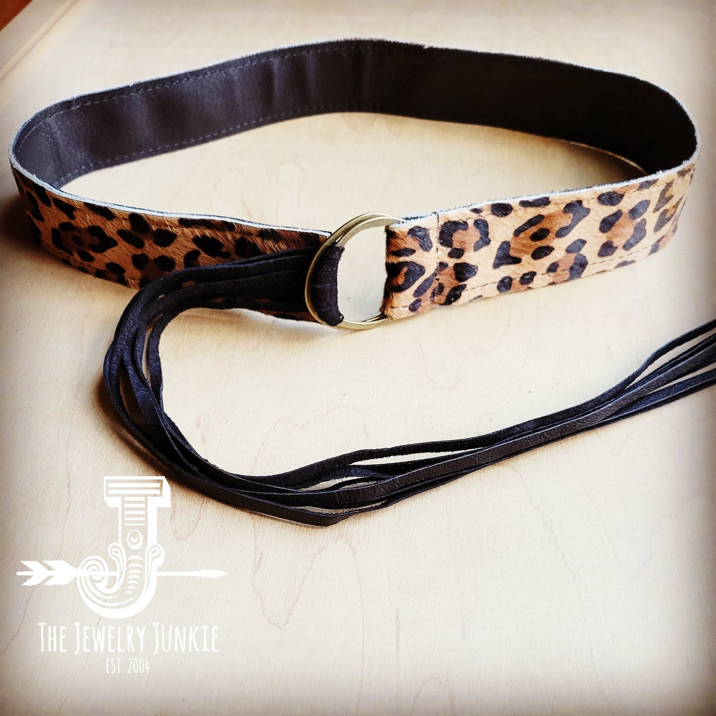 Leopard Hair-on-Hide Leather Belt with Long Leather Fringe Closure 903e-1
