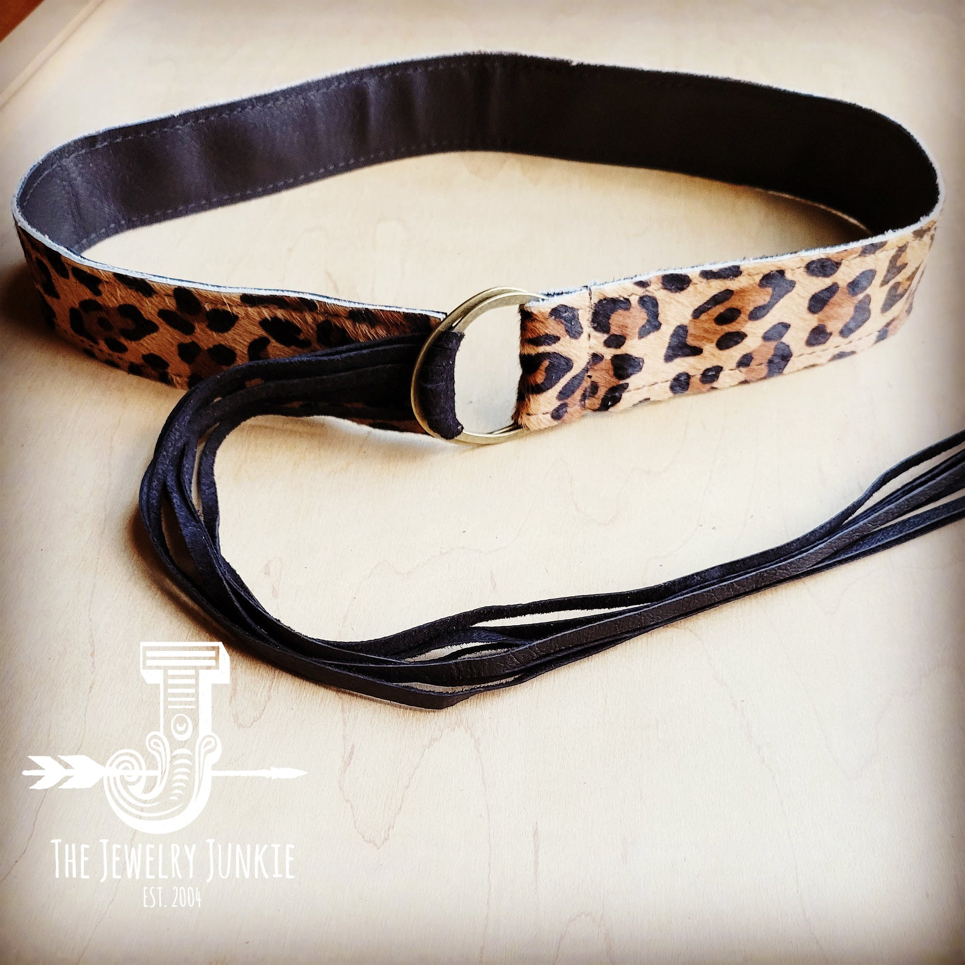 Leopard Hair-on-Hide Leather Belt with Long Leather Fringe Closure 903e-1