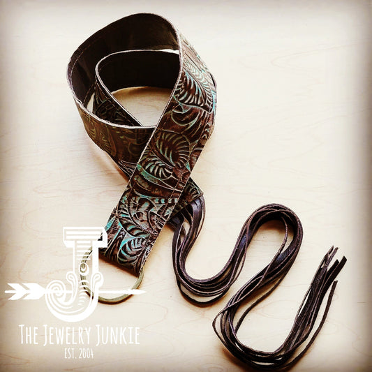Brown Floral Leather Belt with Leather Fringe Closure 905L-0