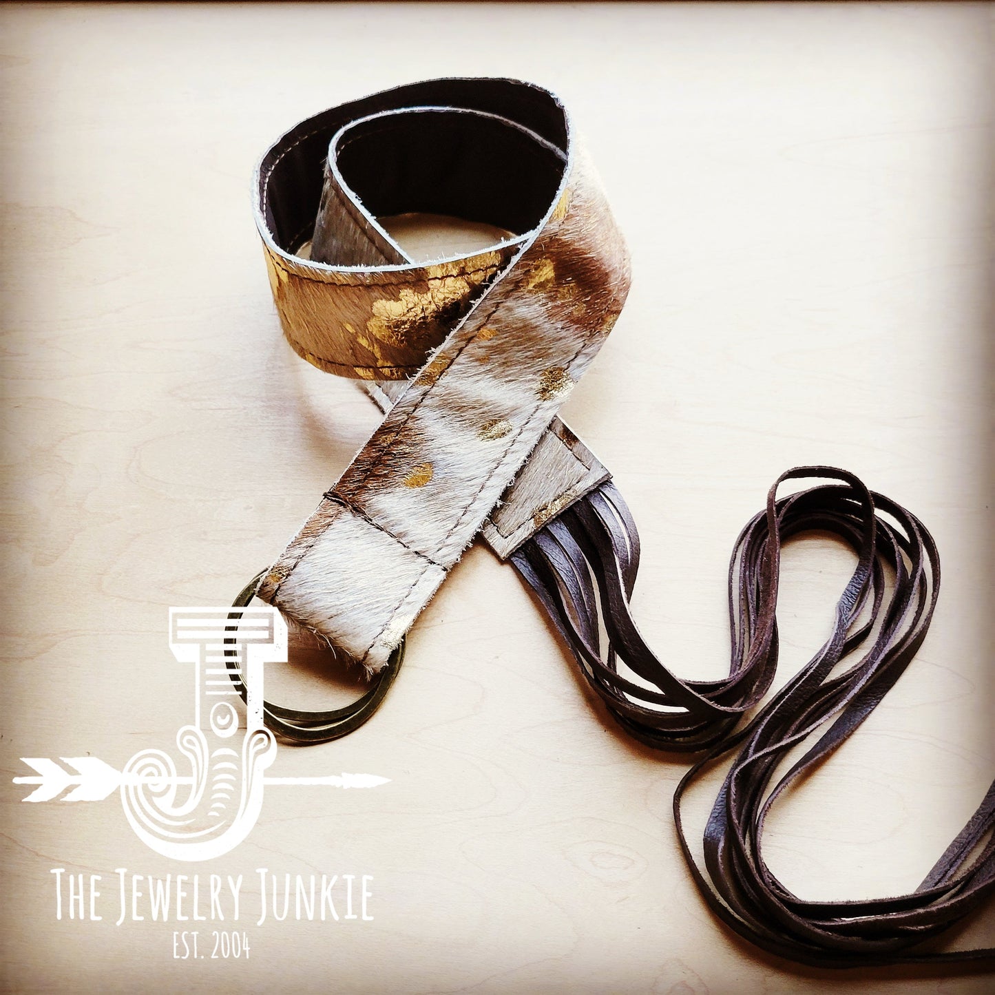 Mixed Metallic Hide Leather Belt with Leather Fringe Closure 905g-0