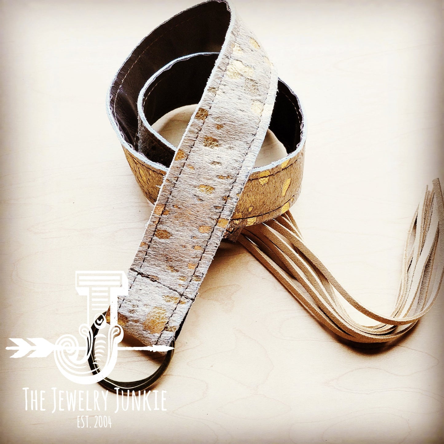 Cream Metallic Hide Leather Belt with Leather Fringe Closure 905pp-1