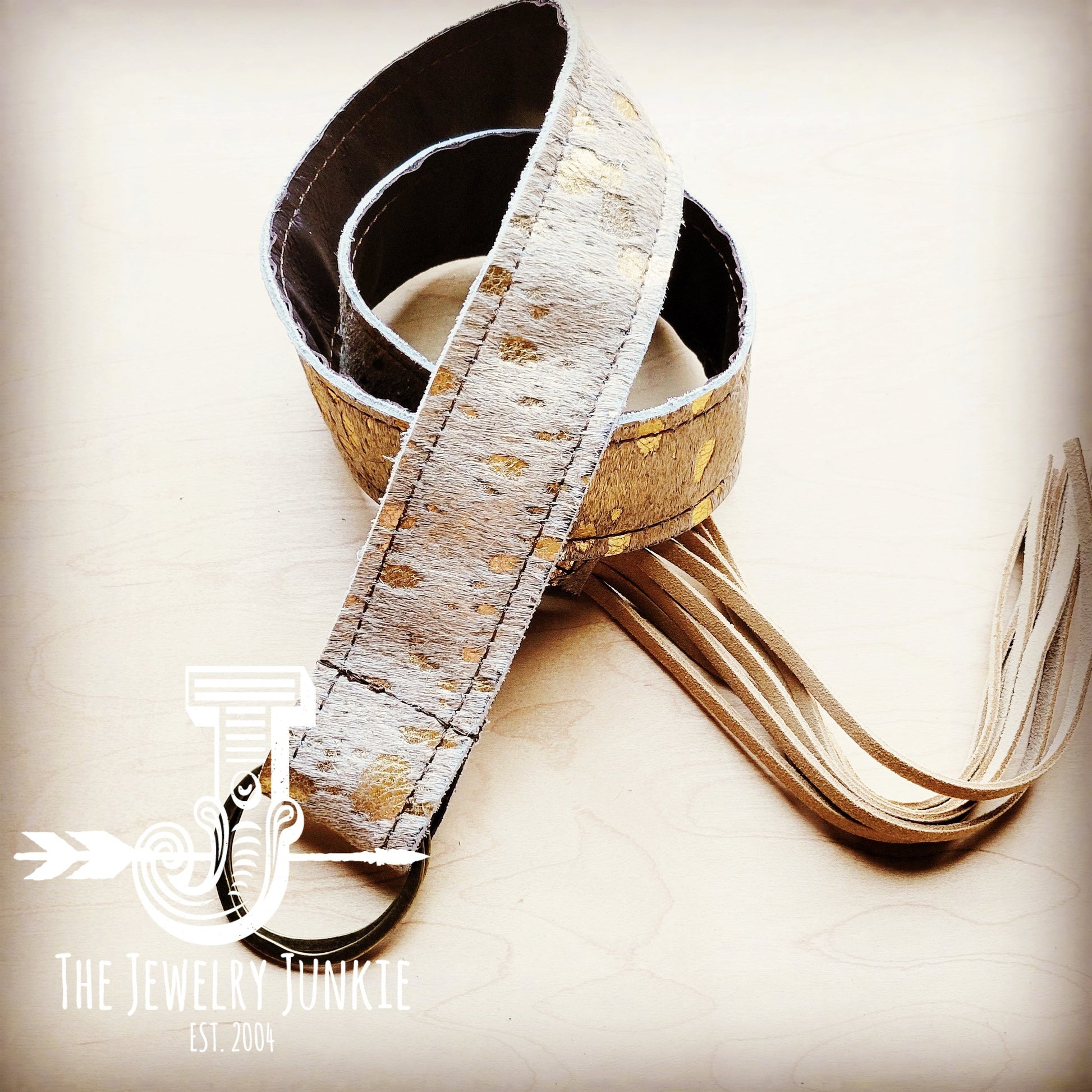 Cream Metallic Hide Leather Belt with Leather Fringe Closure 905pp-1