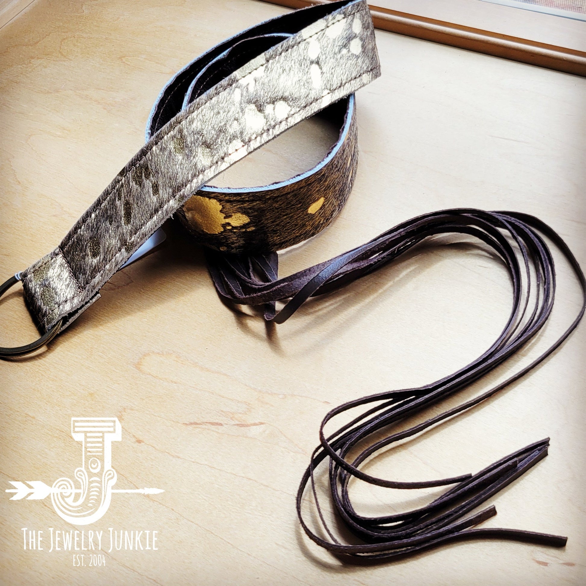 Dark Metallic Hide Leather Belt w/ Leather Fringe 906y-1