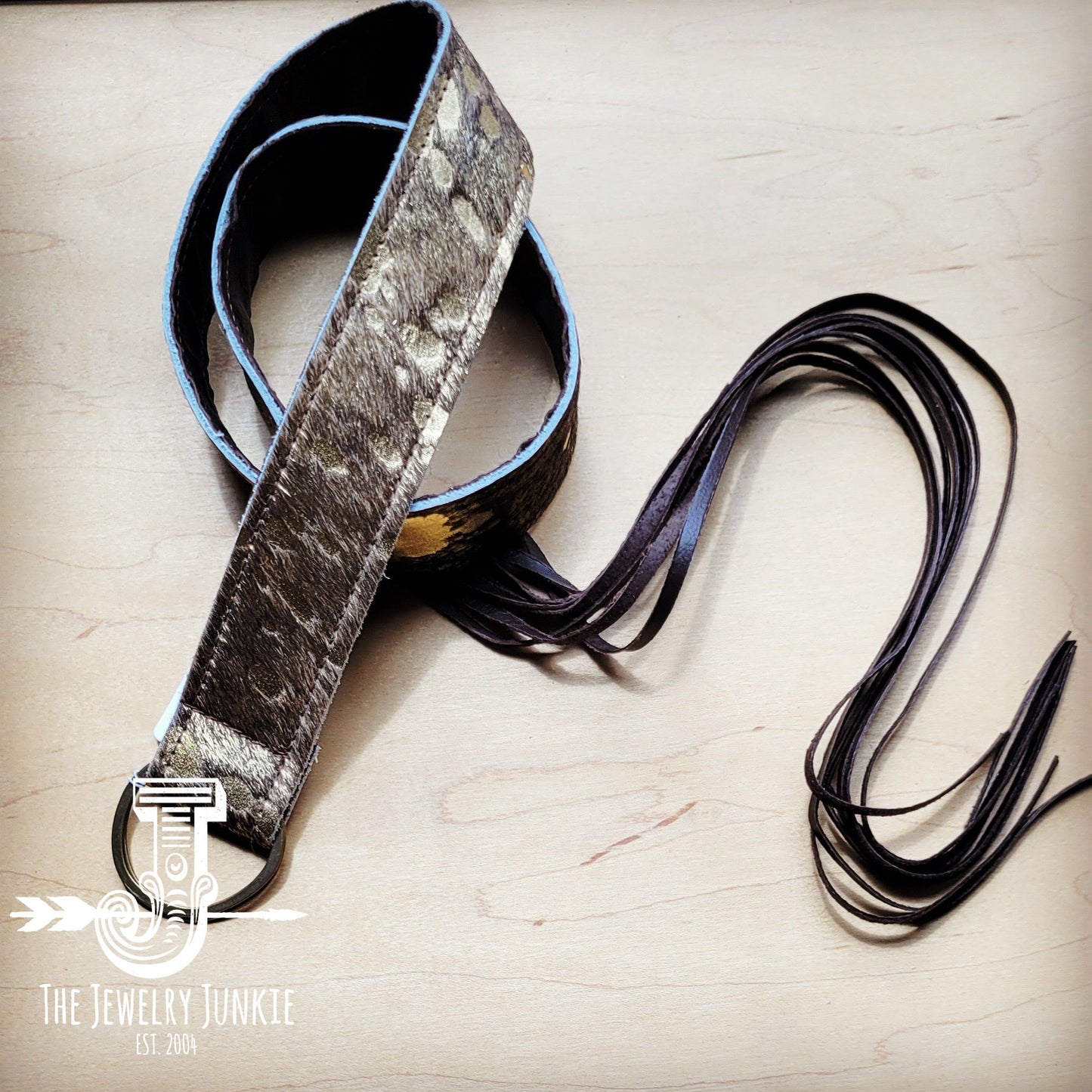 Dark Metallic Hide Leather Belt w/ Leather Fringe 906y-0