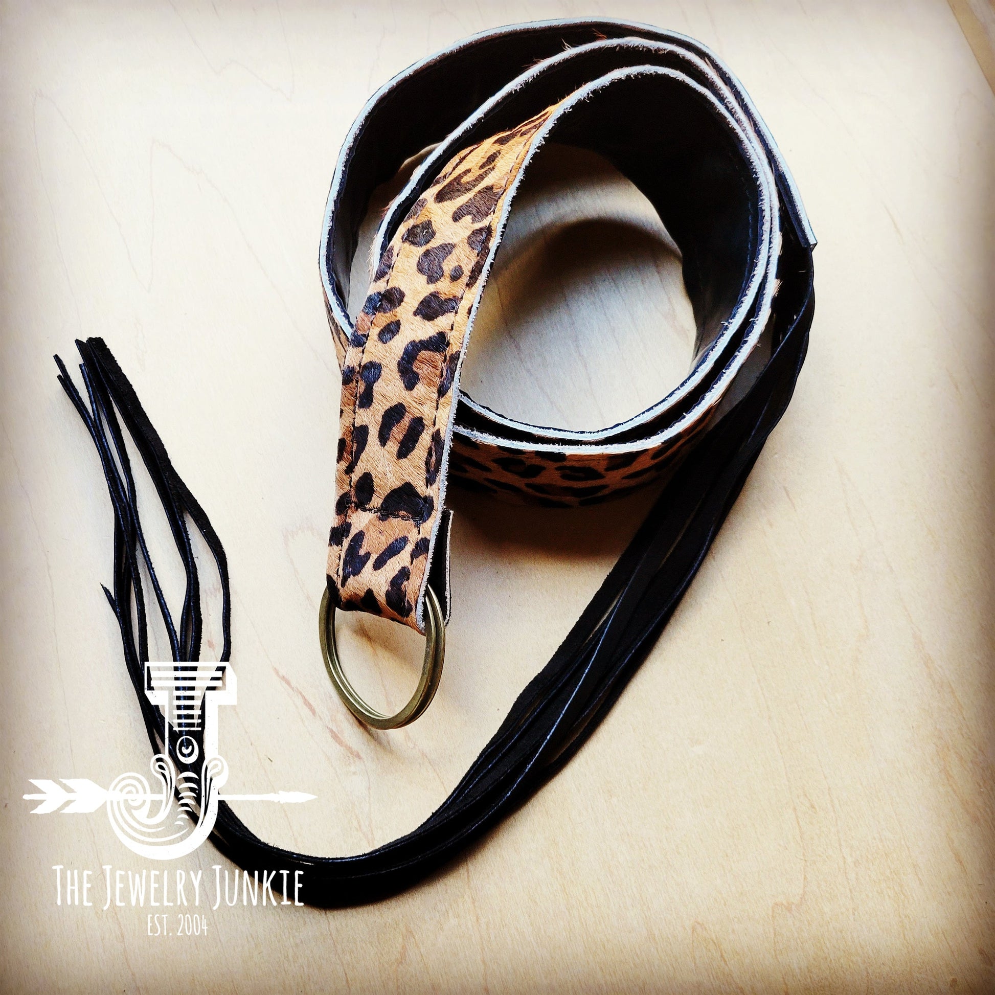 Leopard Hair-on-Hide Leather Belt with Long Leather Fringe Closure 903e-3
