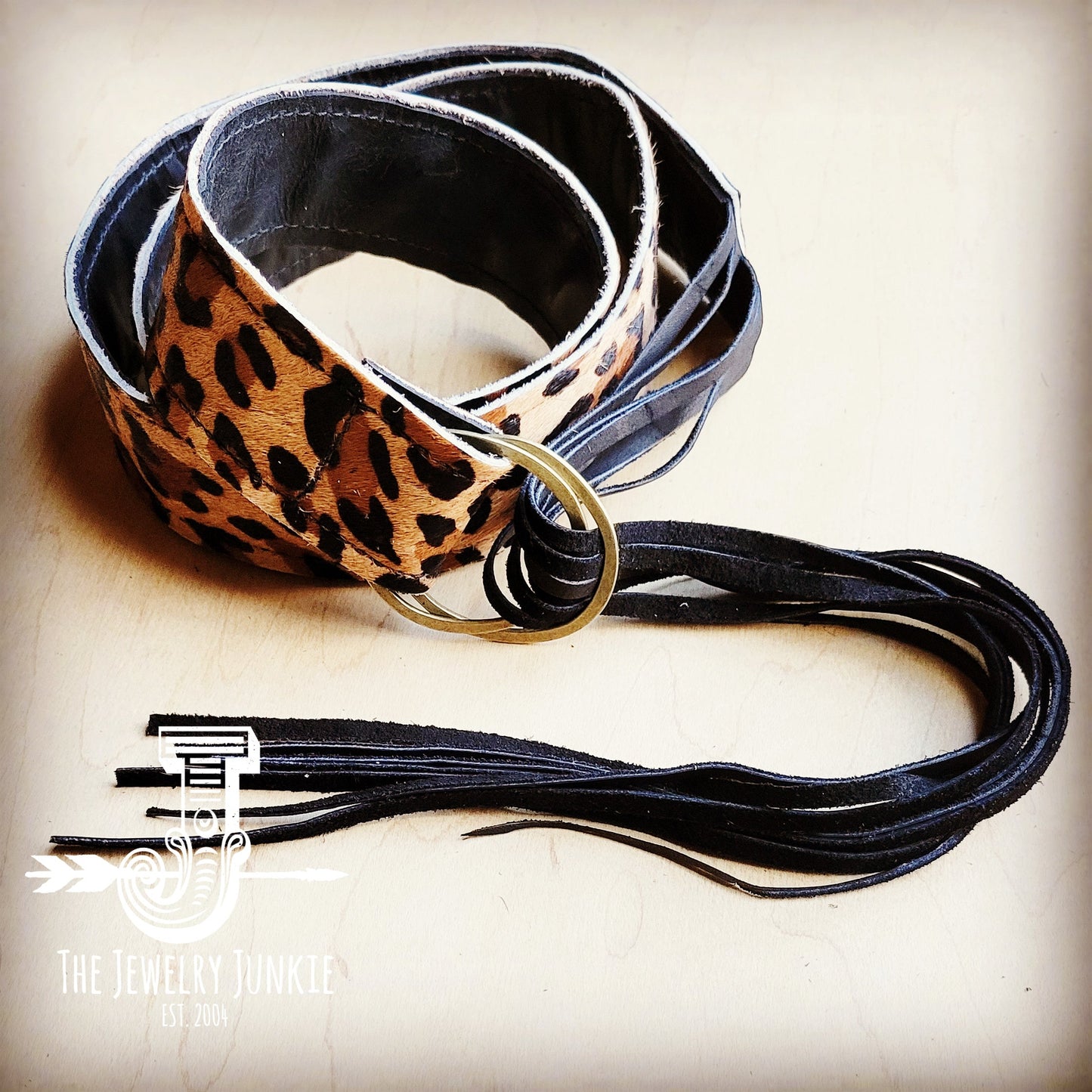 Leopard Hair-on-Hide Leather Belt with Long Leather Fringe Closure 903e-0