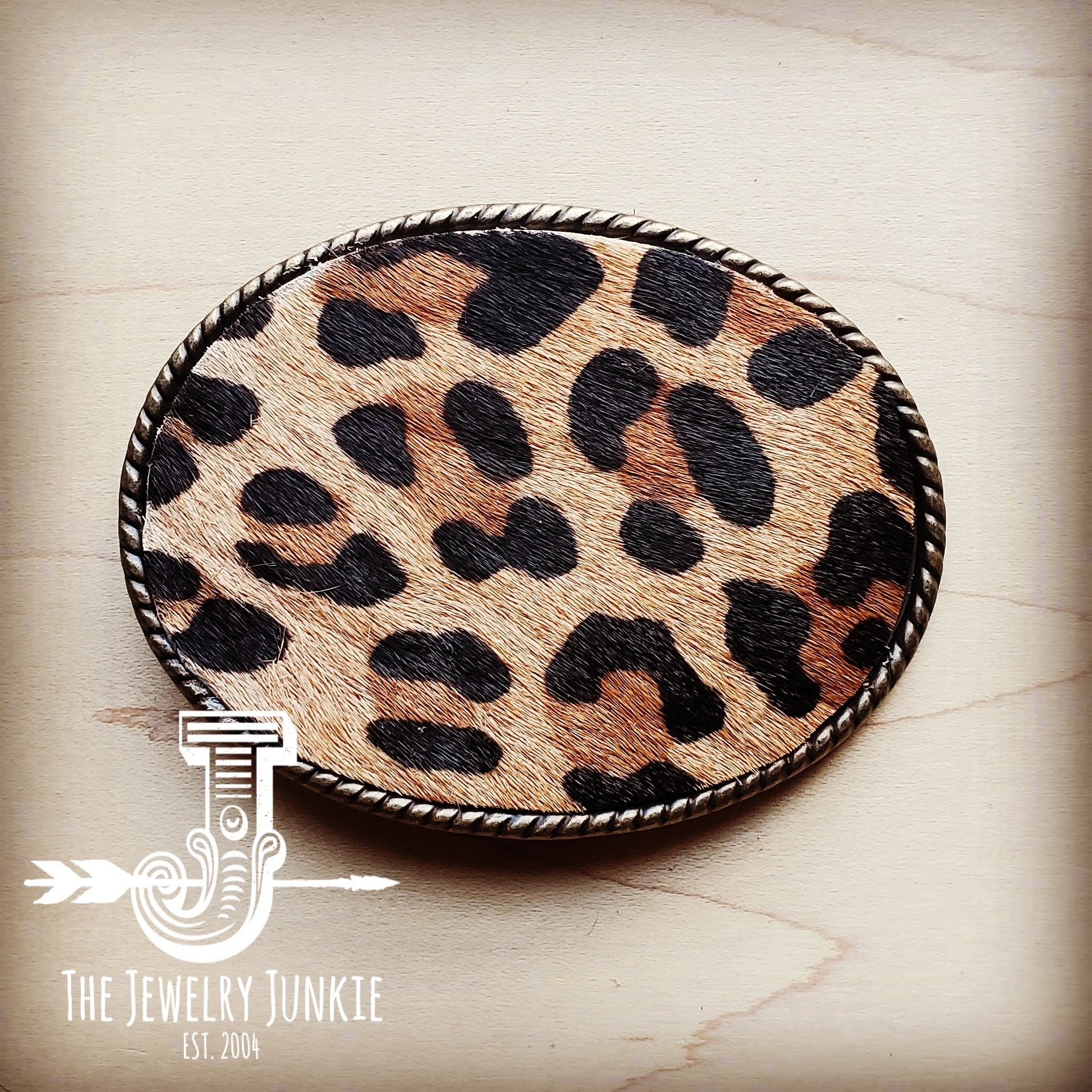 Rope Edge Leopard Hair on Hide Leather Belt Buckle 902d-0