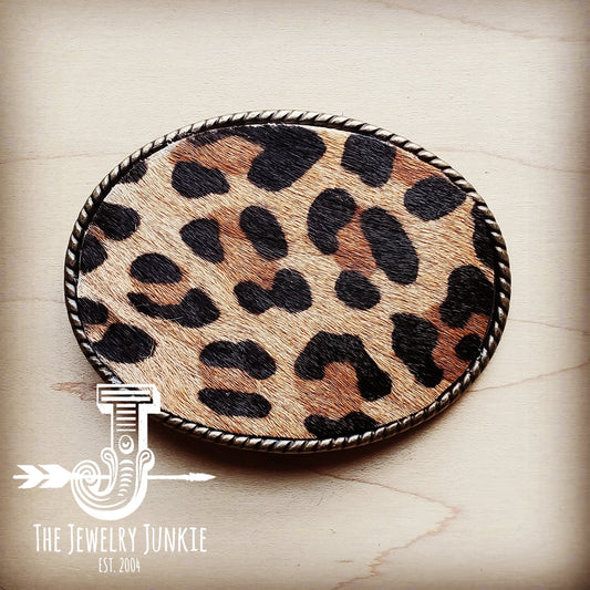 Rope Edge Leopard Hair on Hide Leather Belt Buckle 902d-0