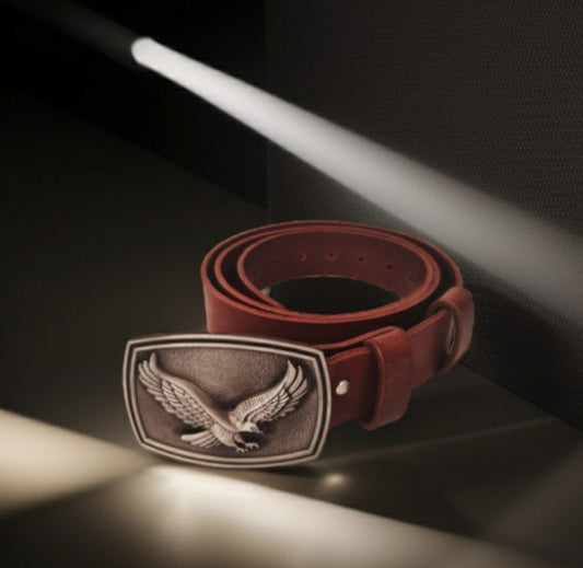 Brown handmade belt made of genuine leather. Massive "Eagle" buckle.-0
